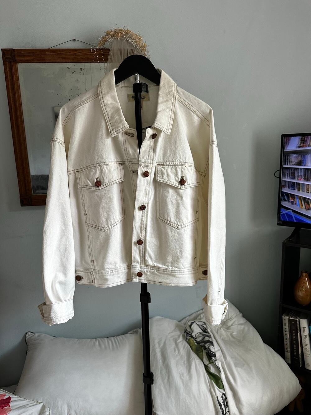Madewell NWT Button-Front Denim Jacket Tile White XL Cropped Boxy Trucker